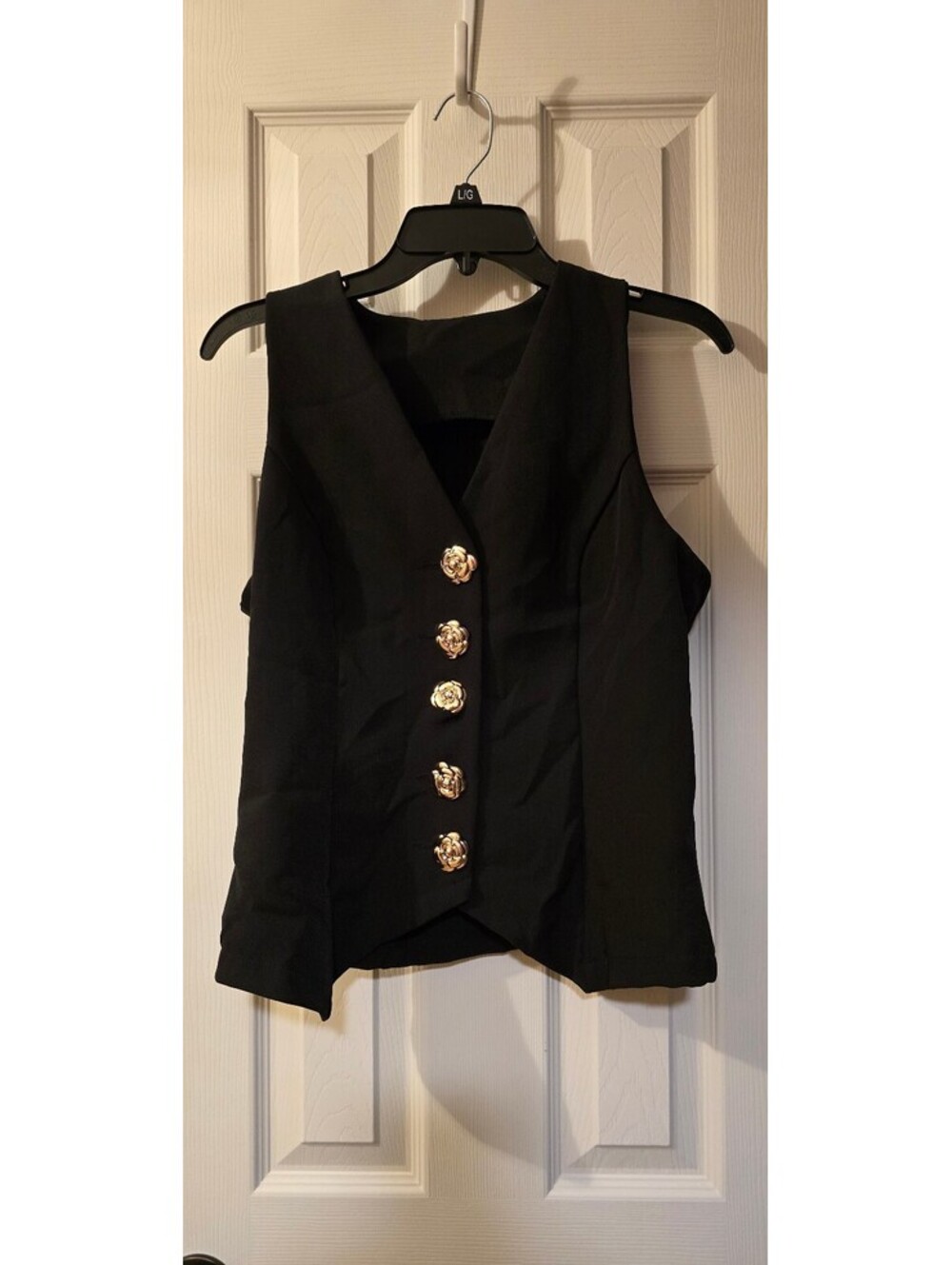 Women’s Black Tailored Vest Top with Gold Rose Buttons – Size Large